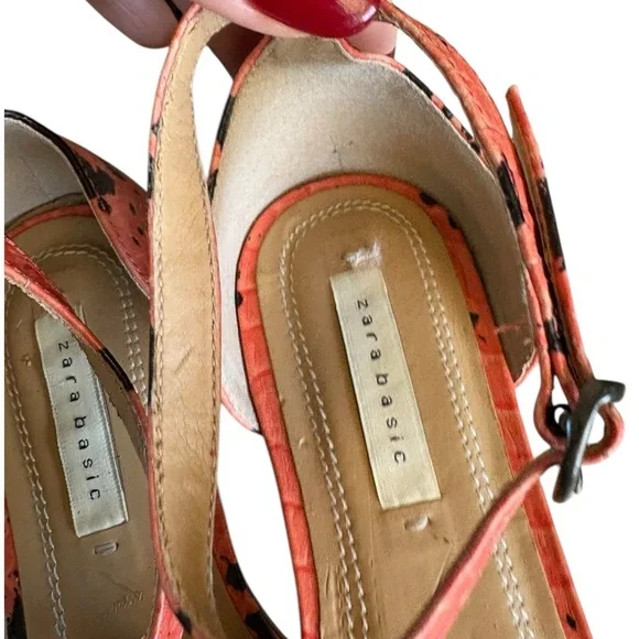 Zara Basic Women's Coral orange and Black snakeskin Strappy Sandals sz 37 Boho - Picture 6 of 8